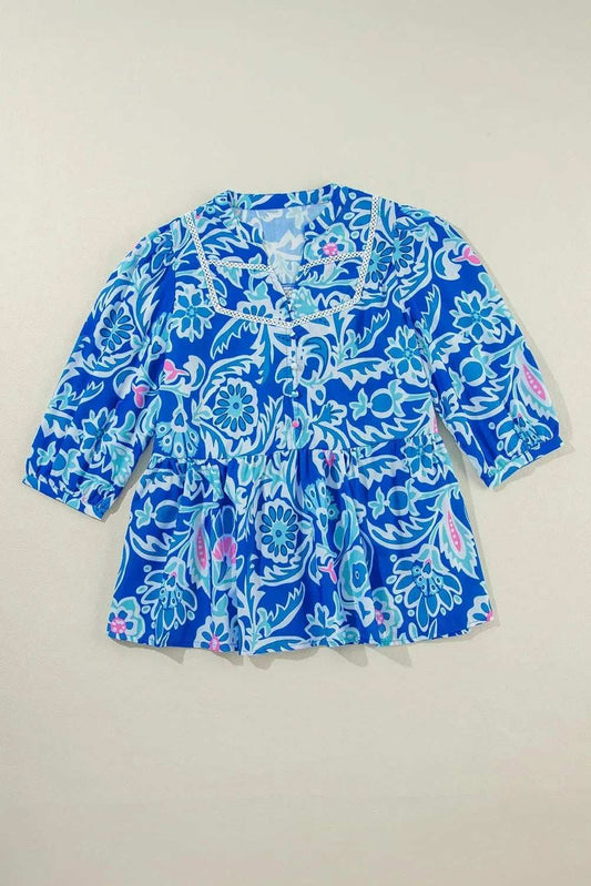Printed Notched Three-Quarter Sleeve Blouse - Trendsi - Flyclothing LLC