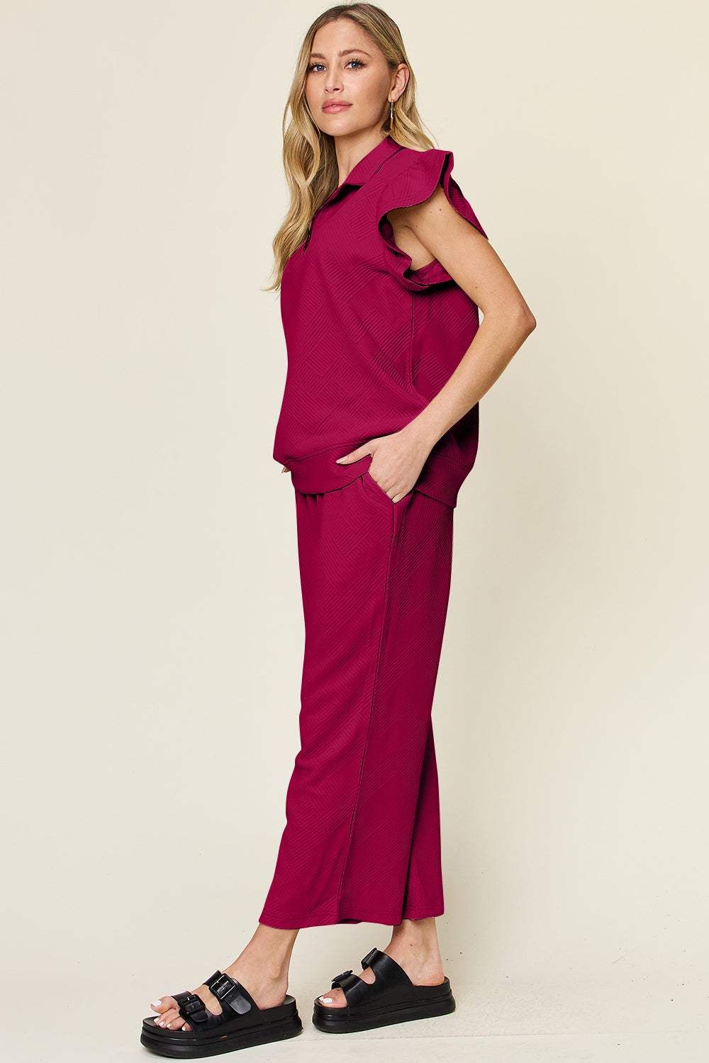 Double Take Texture Ruffle Short Sleeve Top and Drawstring Wide Leg Pants Set - Trendsi - Flyclothing LLC