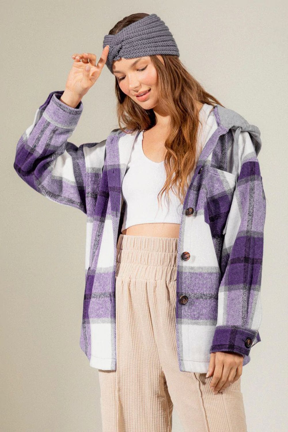 Drawstring Plaid Dropped Shoulder Hooded Shacket - Trendsi