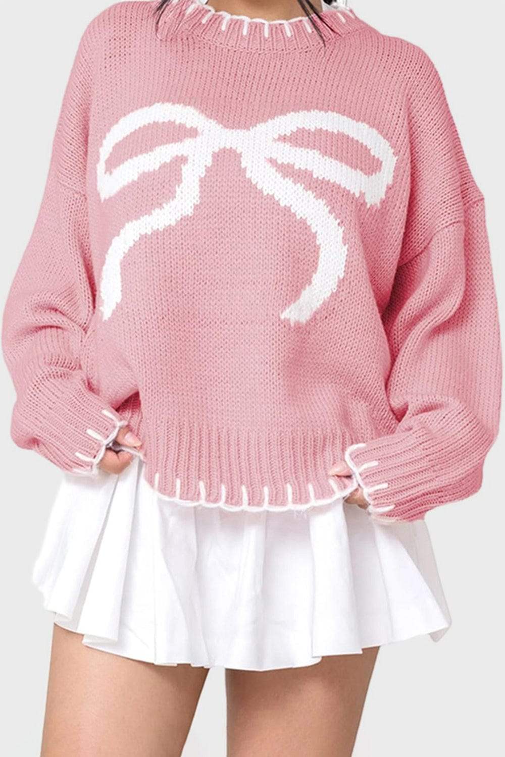 Bow Graphic Round Neck Long Sleeve Sweater - Trendsi - Flyclothing LLC