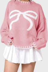 Bow Graphic Round Neck Long Sleeve Sweater - Trendsi - Flyclothing LLC
