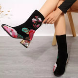 Floral Embroidered Rhinestone Block Heel Boots - Trendsi - Flyclothing LLC