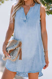 Wash Notched Sleeveless Mini Denim Dress - Trendsi
