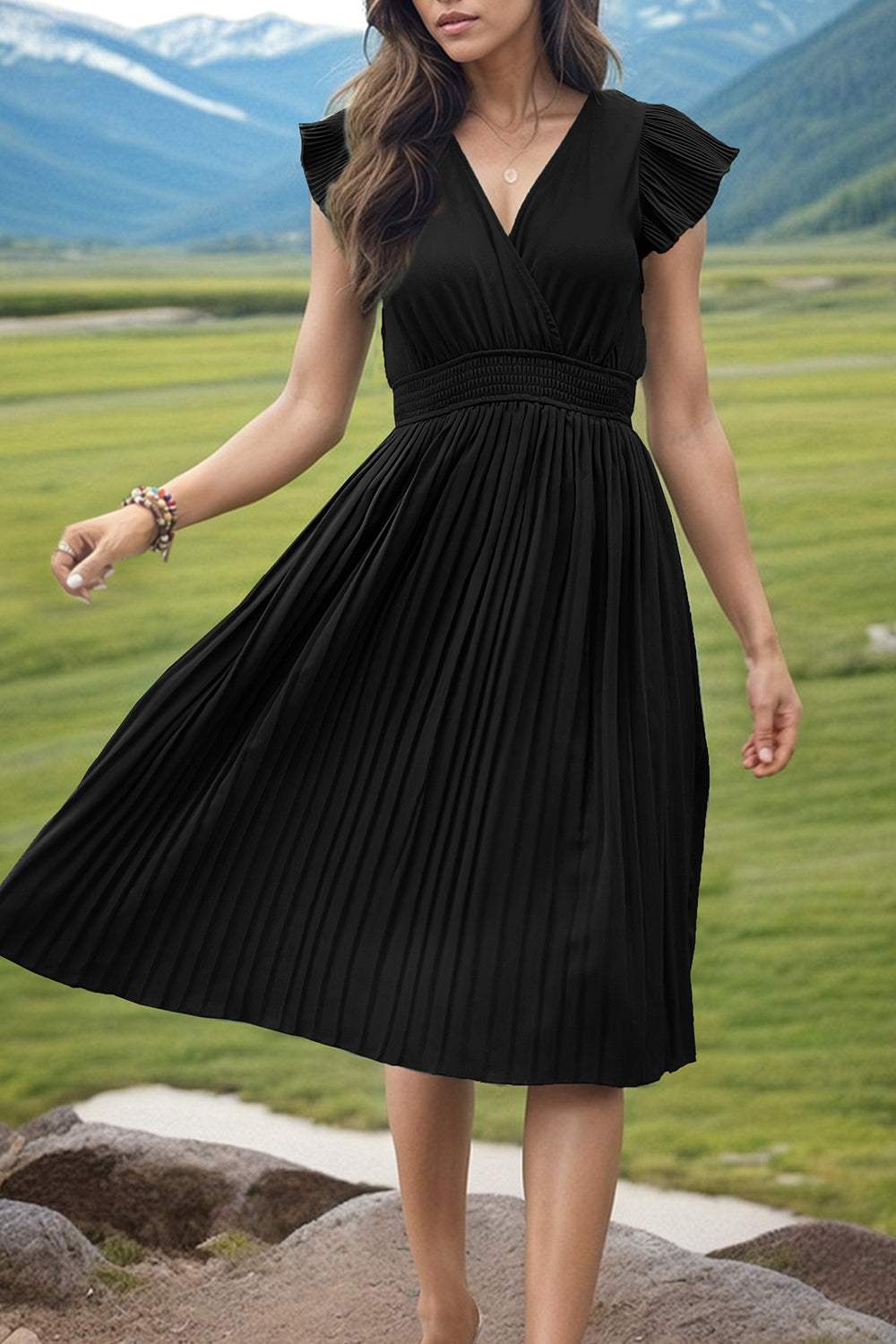 Tied Smocked Waist Flutter Sleeve Dress - Trendsi - Flyclothing LLC
