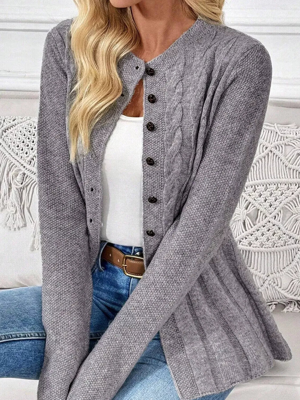 Cable-Knit Button-Down Cardigan - Trendsi - Flyclothing LLC