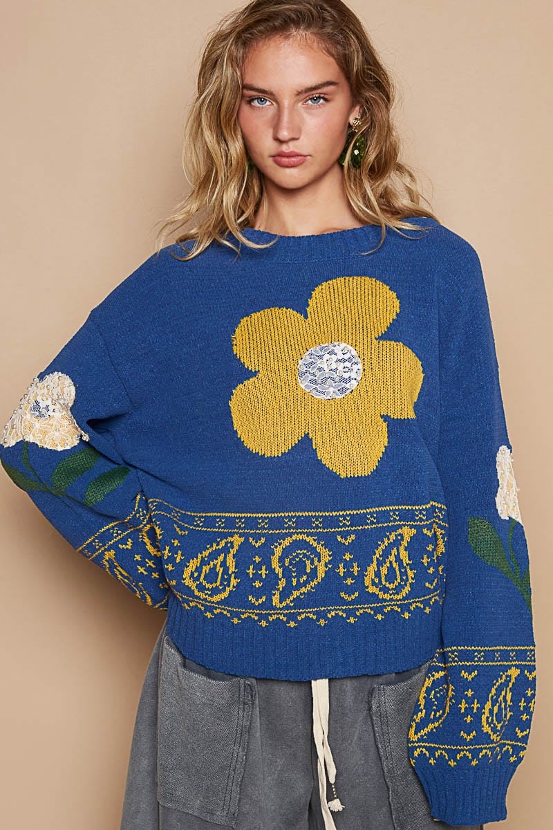 POL Flower Lace Patch Long Sleeve Sweater - Trendsi