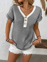Striped V-Neck Short Sleeve T-Shirt - Trendsi - Flyclothing LLC