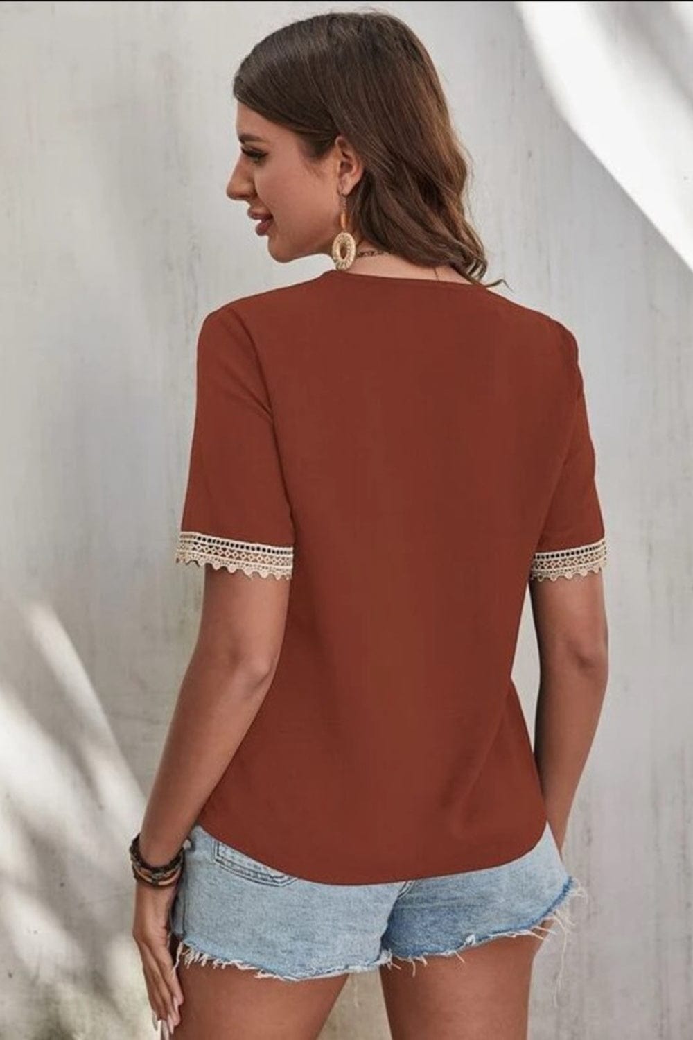 Full Size Lace Detail V-Neck Short Sleeve Blouse - Trendsi