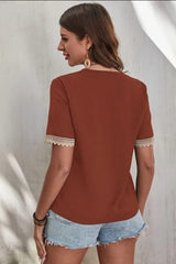 Full Size Lace Detail V-Neck Short Sleeve Blouse - Trendsi