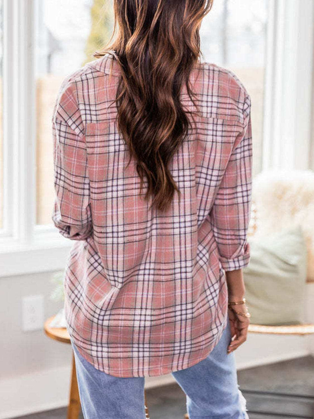 Plaid Collared Neck Long Sleeve Shirt - Trendsi - Flyclothing LLC