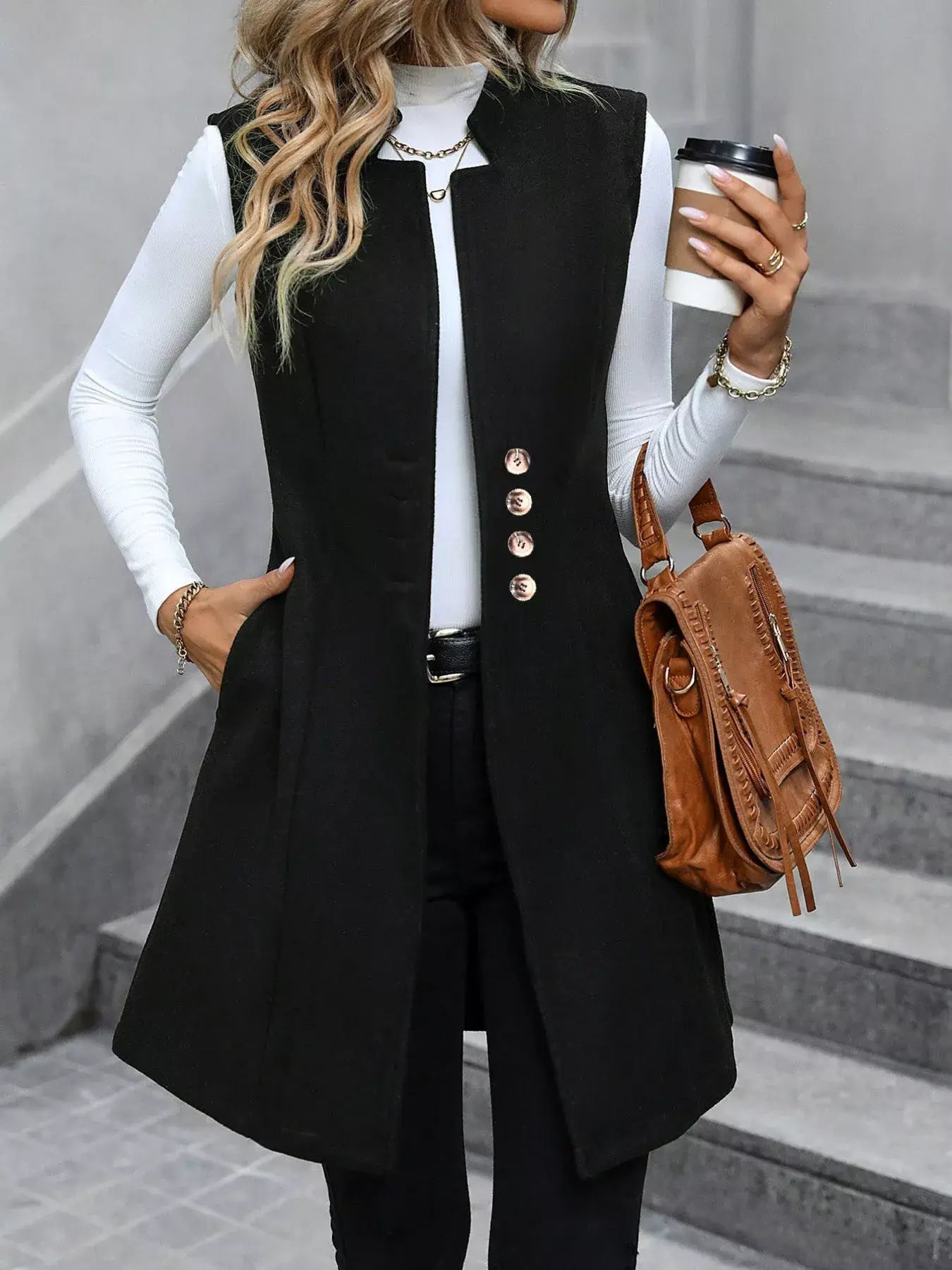 Button-Down Longline Vest Coat - Trendsi - Flyclothing LLC