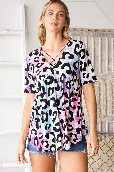 Heimish Full Size Crisscross Neck Animal Print Babydoll Top Plus Size - Trendsi - Flyclothing LLC