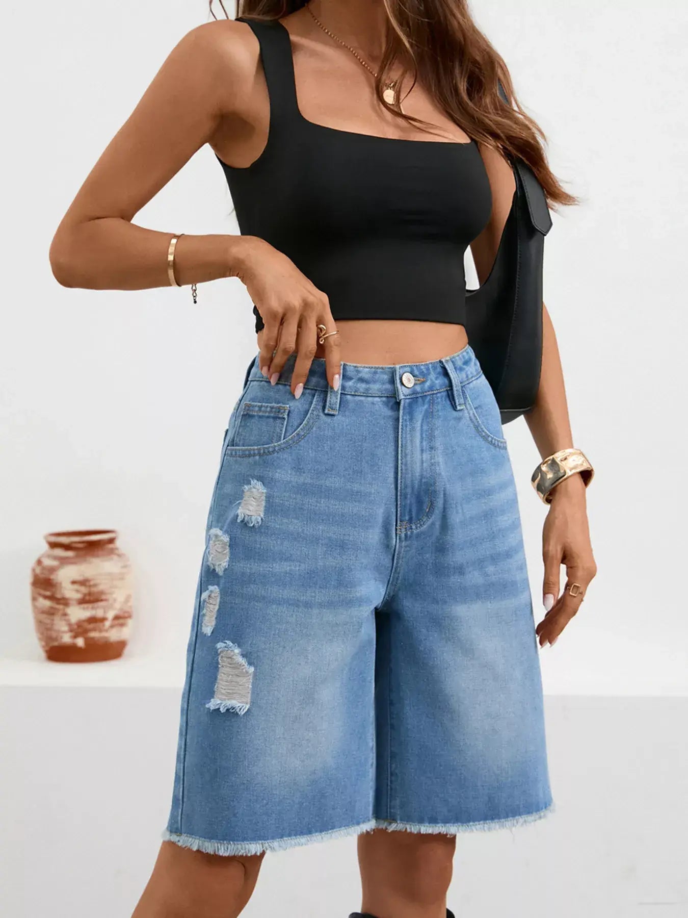 Ripped Frayed Hem Denim Shorts - Trendsi - Flyclothing LLC
