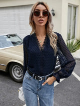 Lace Detail V-Neck Swiss Dot Blouse - Trendsi - Flyclothing LLC