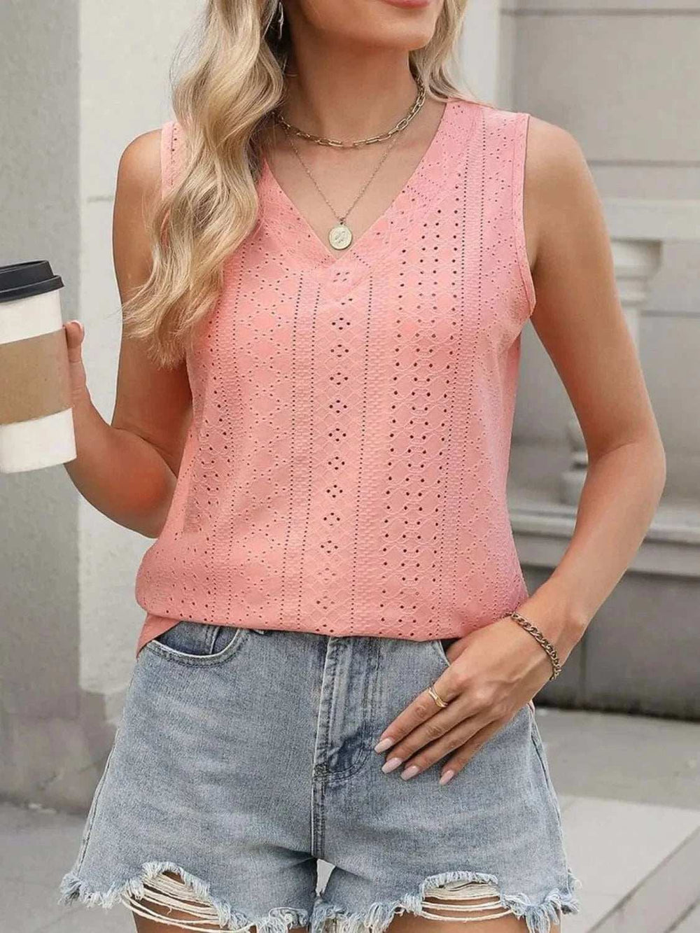 V-Neck Eyelet Knit Cami Tank Top - Trendsi - Flyclothing LLC