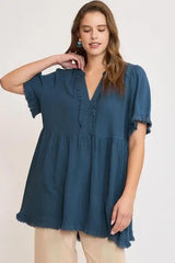 Umgee Full Size Raw Hem Notched Babydoll Linen Blouse Plus Size - Trendsi - Flyclothing LLC