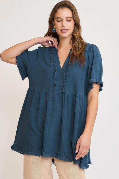 Umgee Full Size Raw Hem Notched Babydoll Linen Blouse Plus Size - Trendsi - Flyclothing LLC