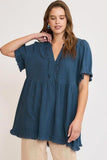 Umgee Full Size Raw Hem Notched Babydoll Linen Blouse Plus Size - Trendsi