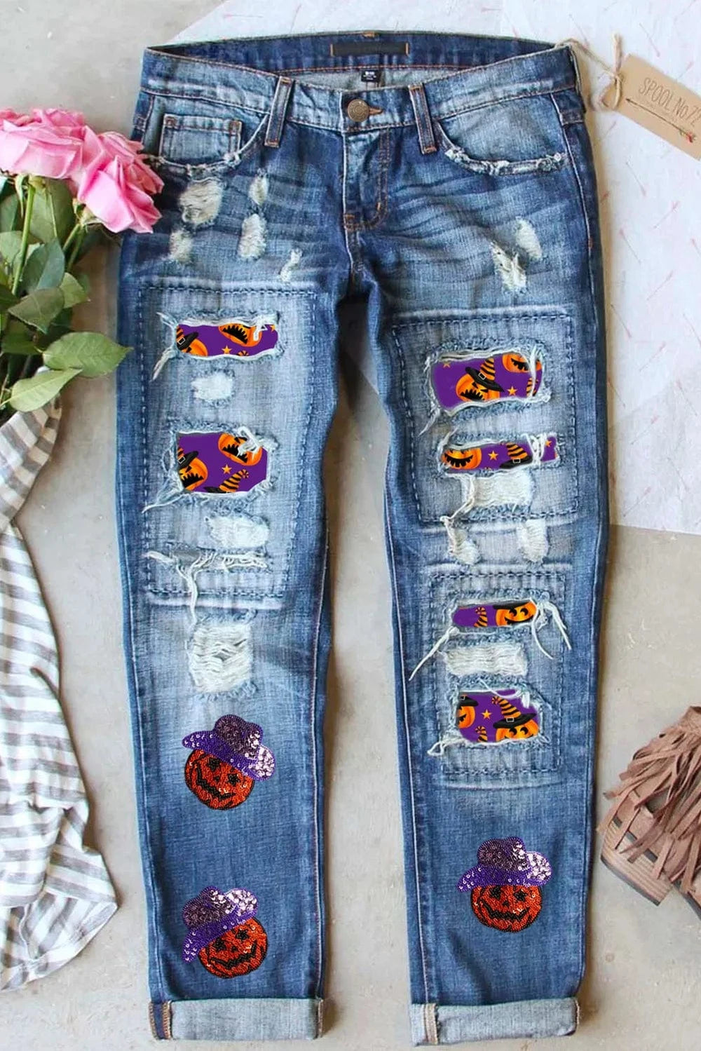 Distressed Sequin Pumpkin Jeans - Trendsi