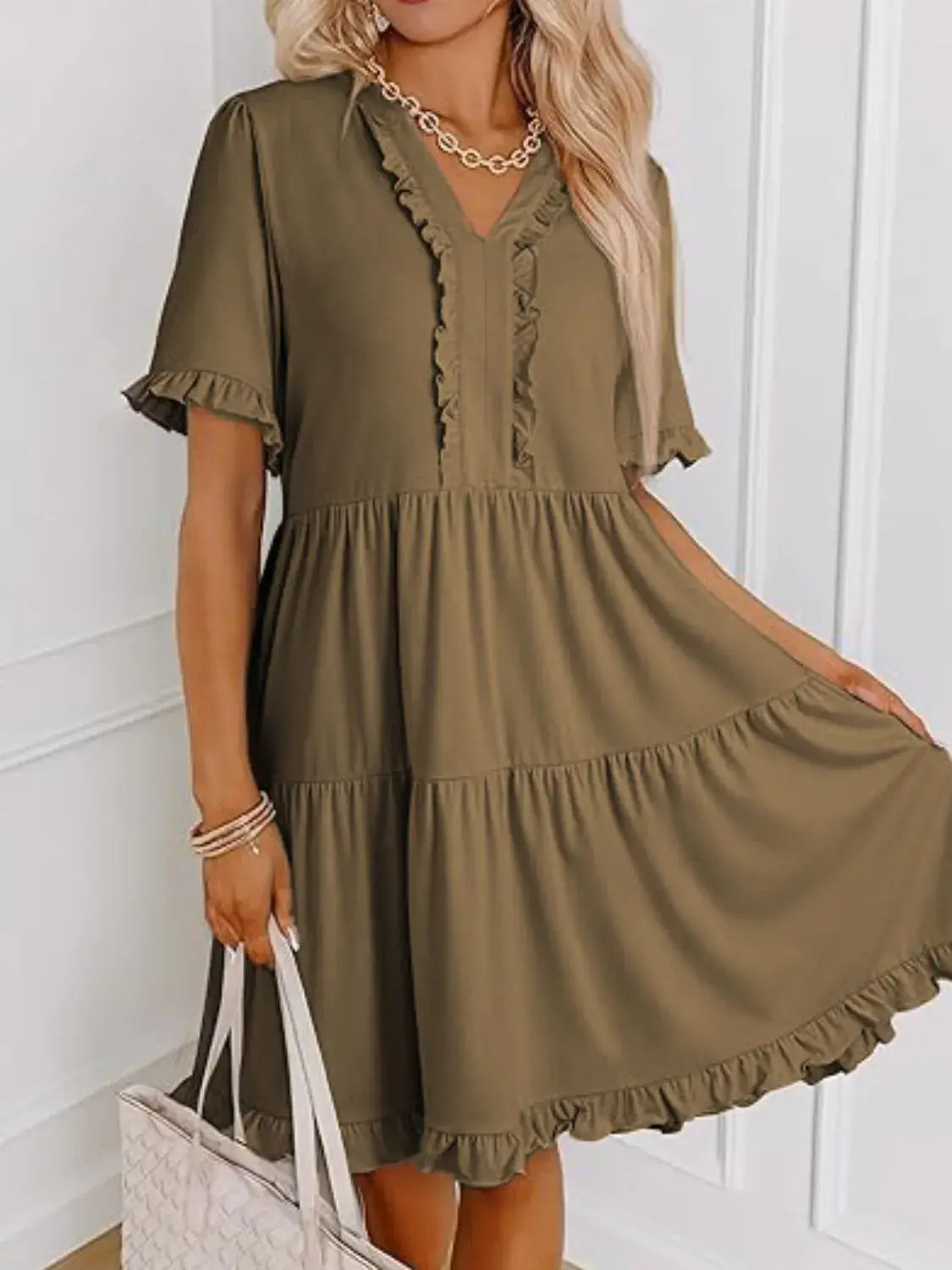 Tiered Notched Short Sleeve Mini Dress - Trendsi - Flyclothing LLC