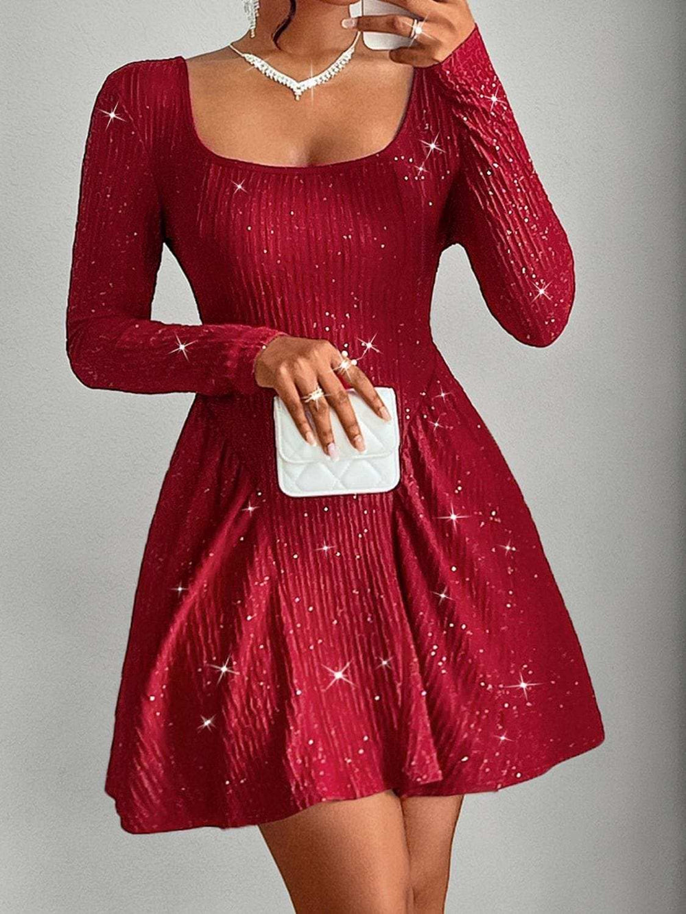 Backless Glitter Square Neck Long Sleeve Mini Dress - Trendsi - Flyclothing LLC