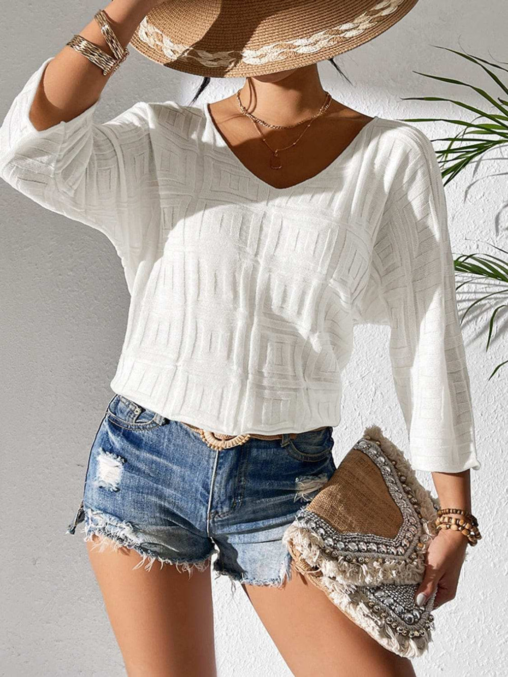 V-Neck Three-Quarter Sleeve Knit Top - Trendsi - Flyclothing LLC