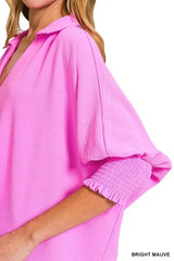 Zenana Airflow Collar Tee with Smocked Sleeve Band Top - Trendsi - Flyclothing LLC