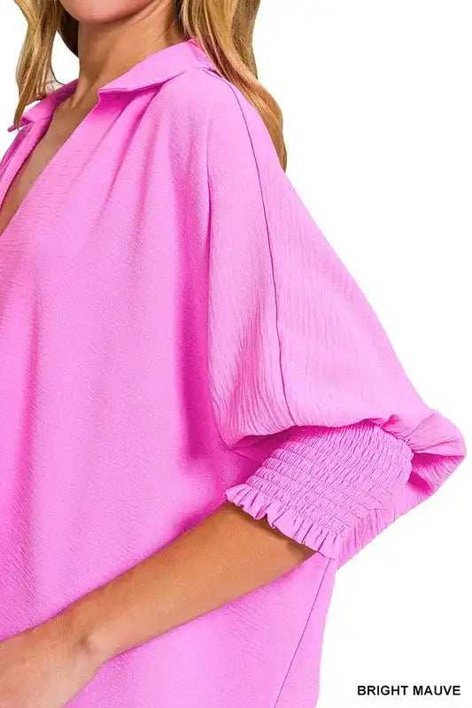 Zenana Airflow Collar Tee with Smocked Sleeve Band Top - Trendsi - Flyclothing LLC