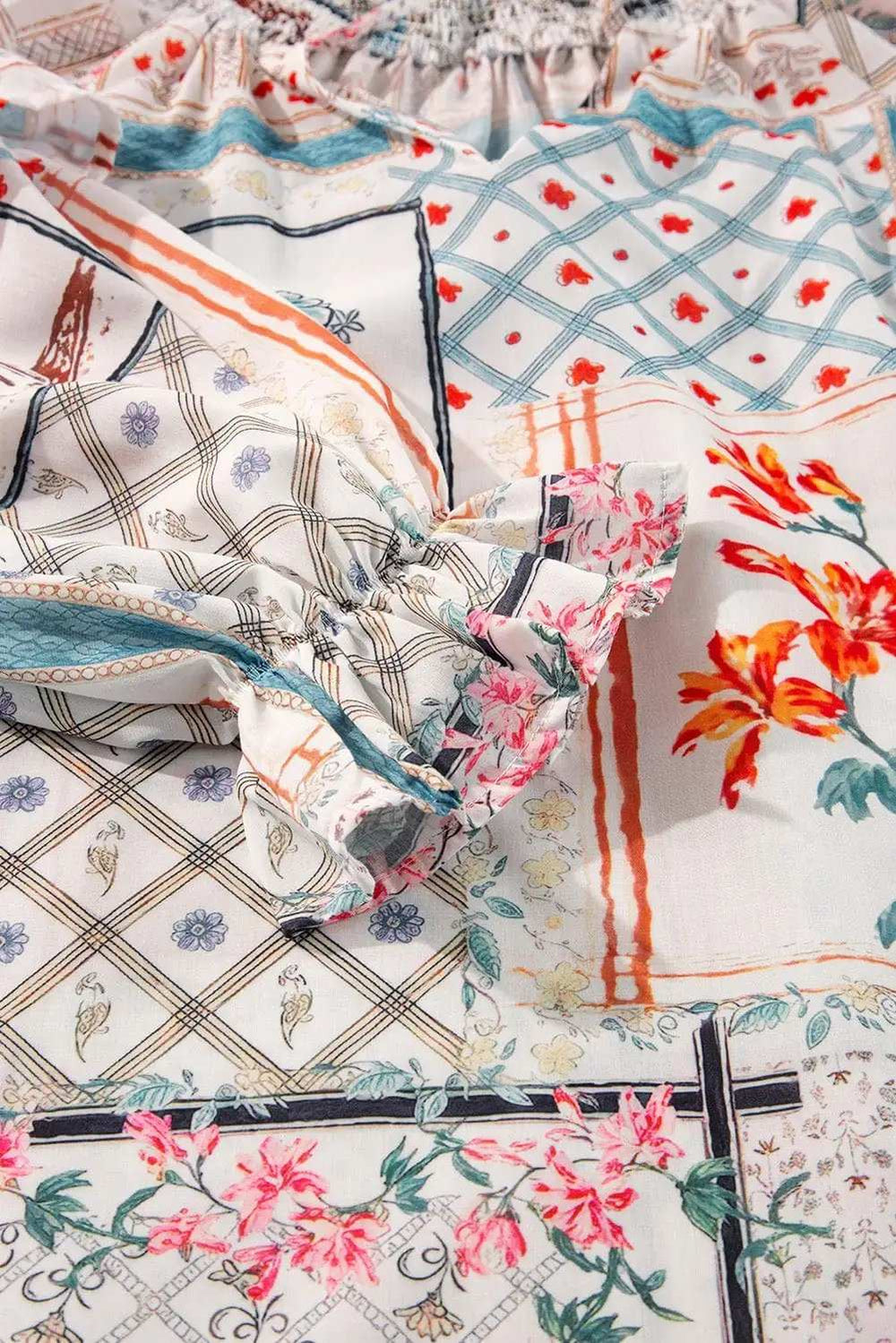 Ruffled Printed Tie Neck Three-Quarter Sleeve Blouse - Trendsi - Flyclothing LLC