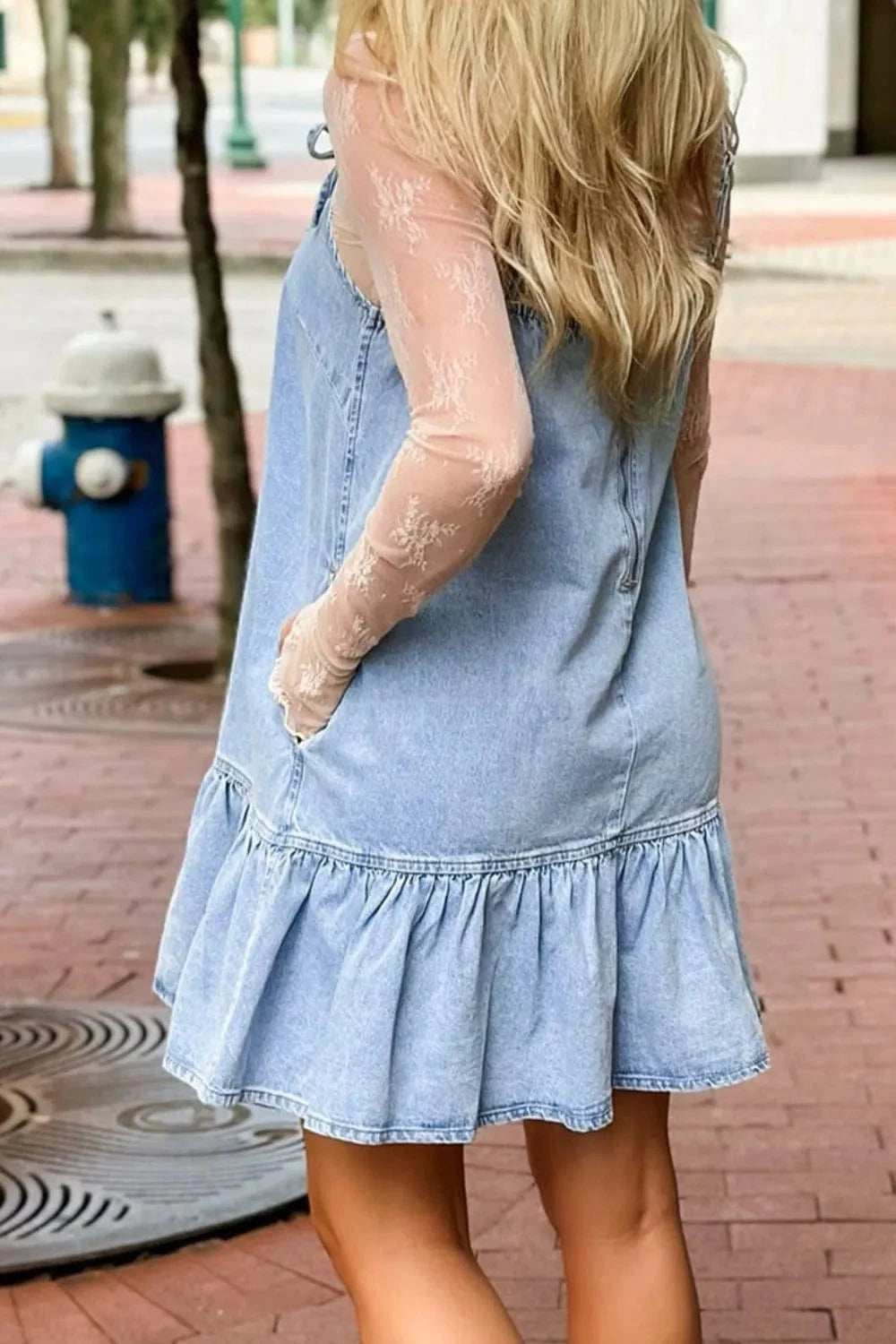 Bow Detail Spaghetti Straps Ruffle Hem Denim Dress - Trendsi - Flyclothing LLC