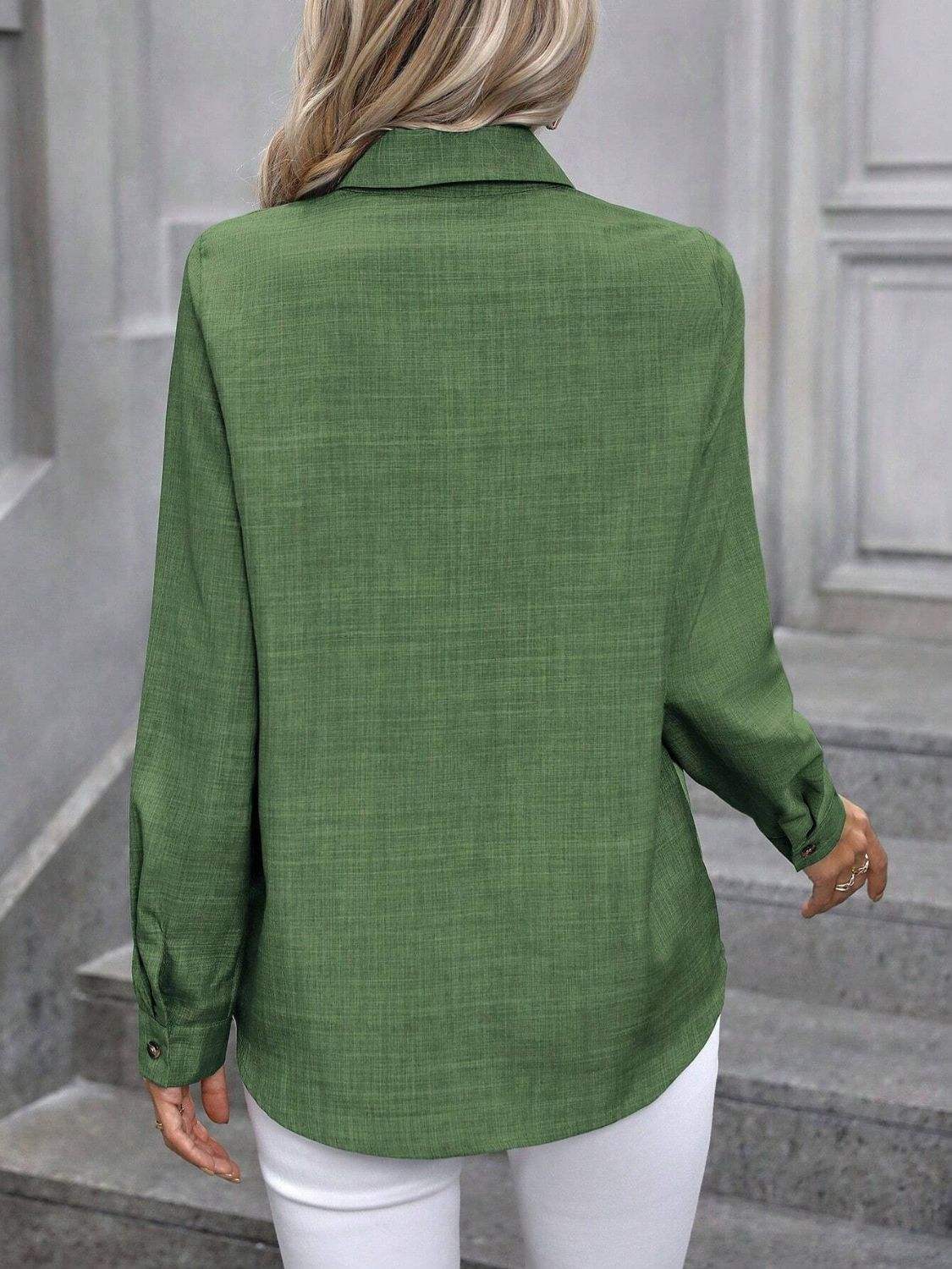 Button Up Collared Neck Long Sleeve Shirt - Trendsi - Flyclothing LLC
