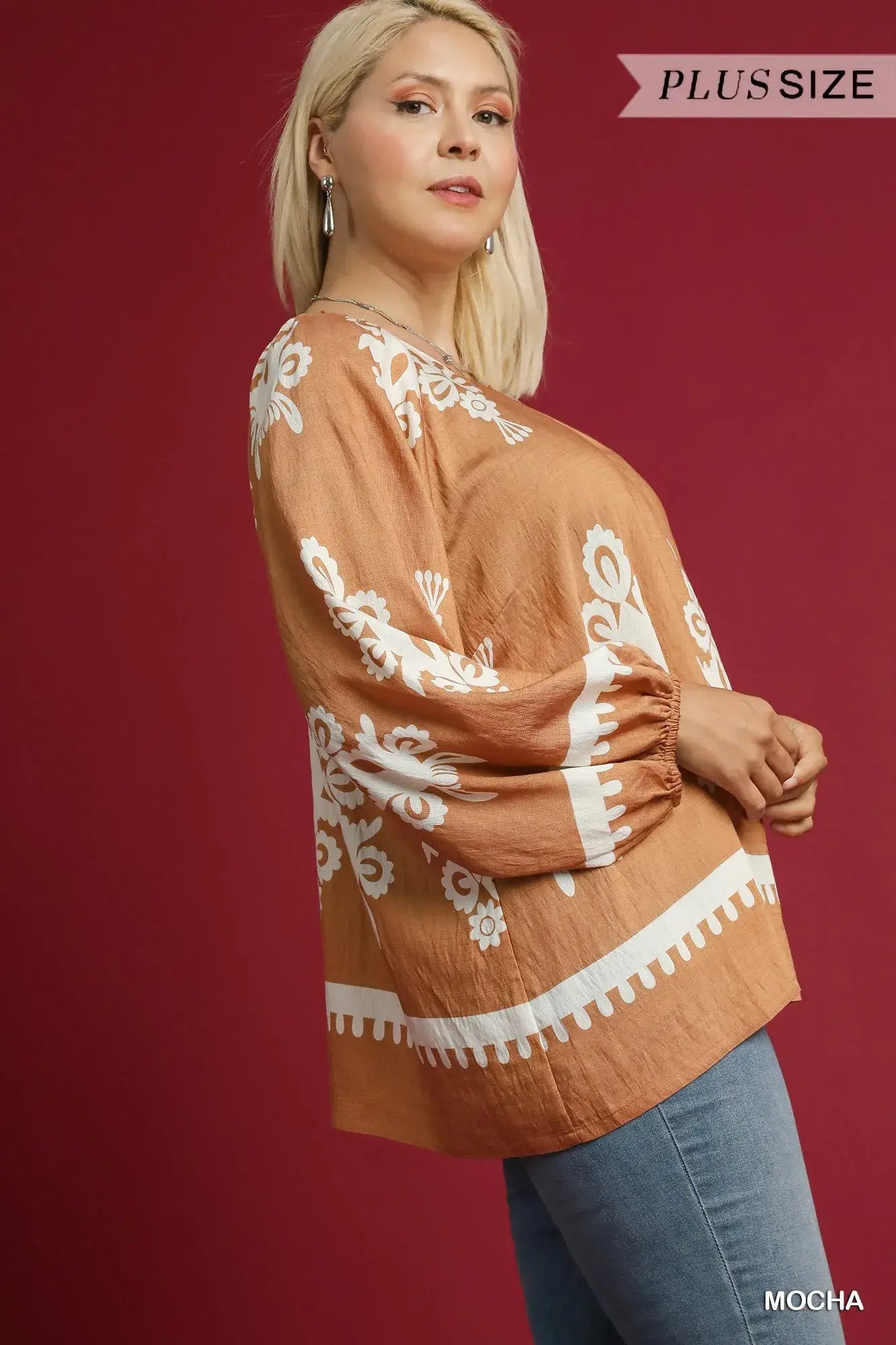 Umgee Full Size Two Tone Border Print Top with Balloon Sleeves Plus Size - Trendsi - Flyclothing LLC