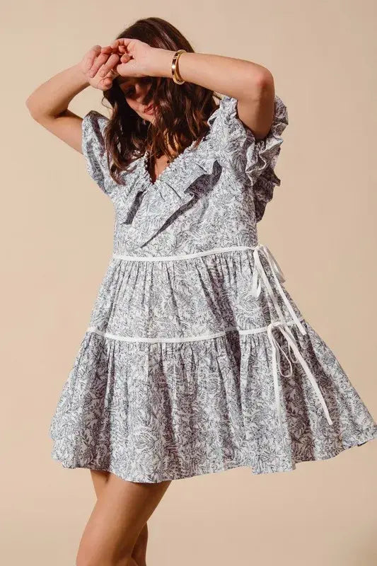 SO ME Cotton Printed Ruffle V Neckline Dress with Side Tie - Trendsi - Flyclothing LLC