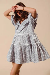 SO ME Cotton Printed Ruffle V Neckline Dress with Side Tie - Trendsi - Flyclothing LLC