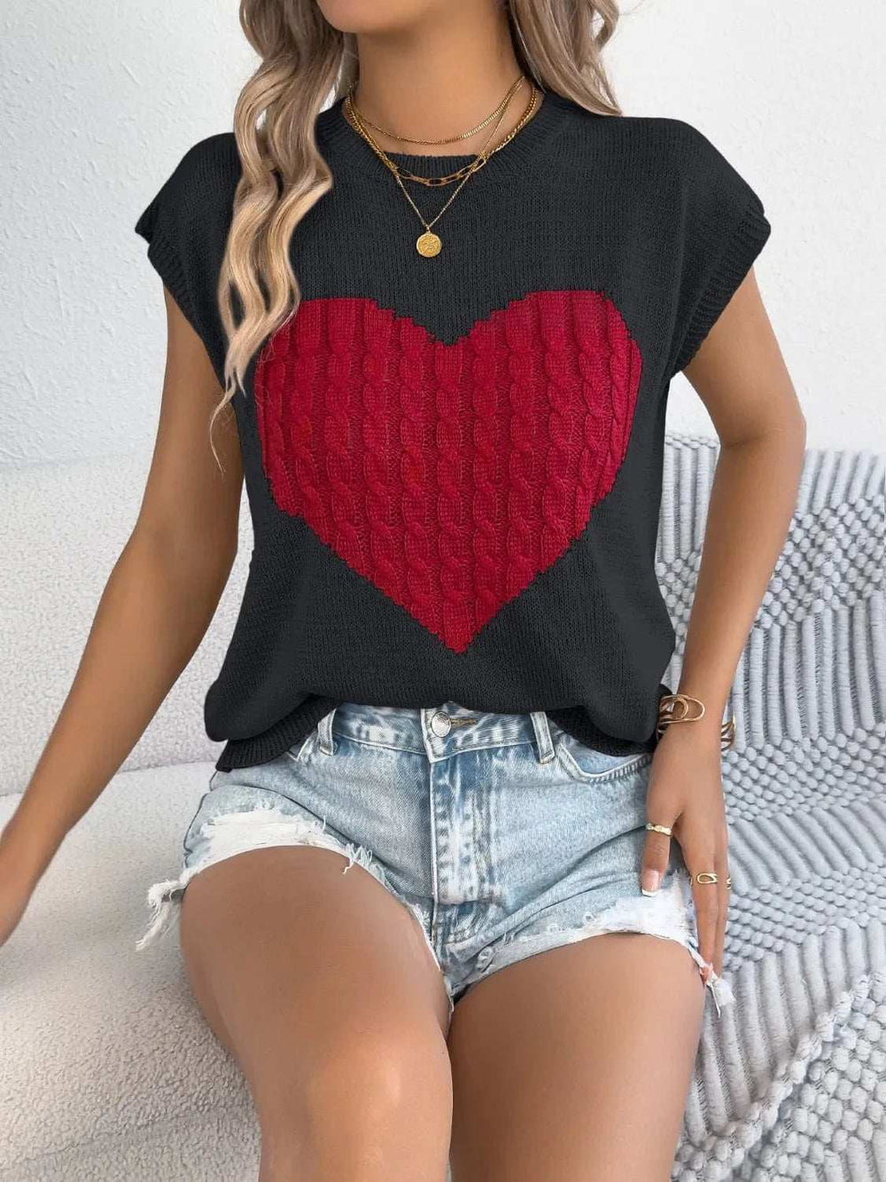 Cable Knit Heart Round Neck Cap Sleeve Knit Top - Trendsi - Flyclothing LLC