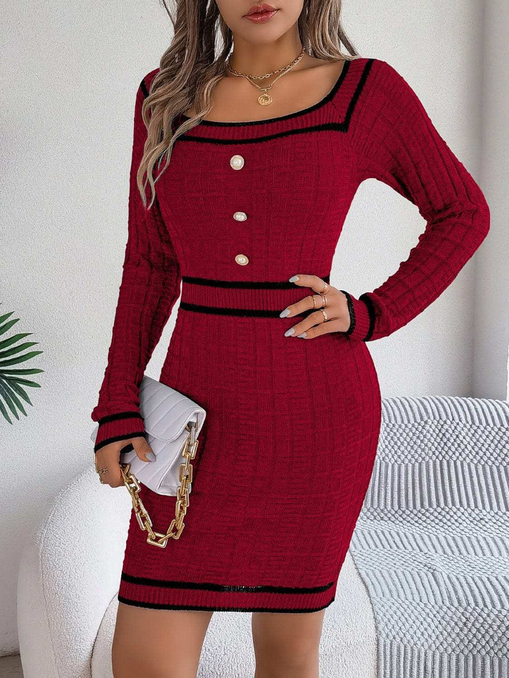 Contrast Trim Long Sleeve Sweater Dress - Trendsi - Flyclothing LLC