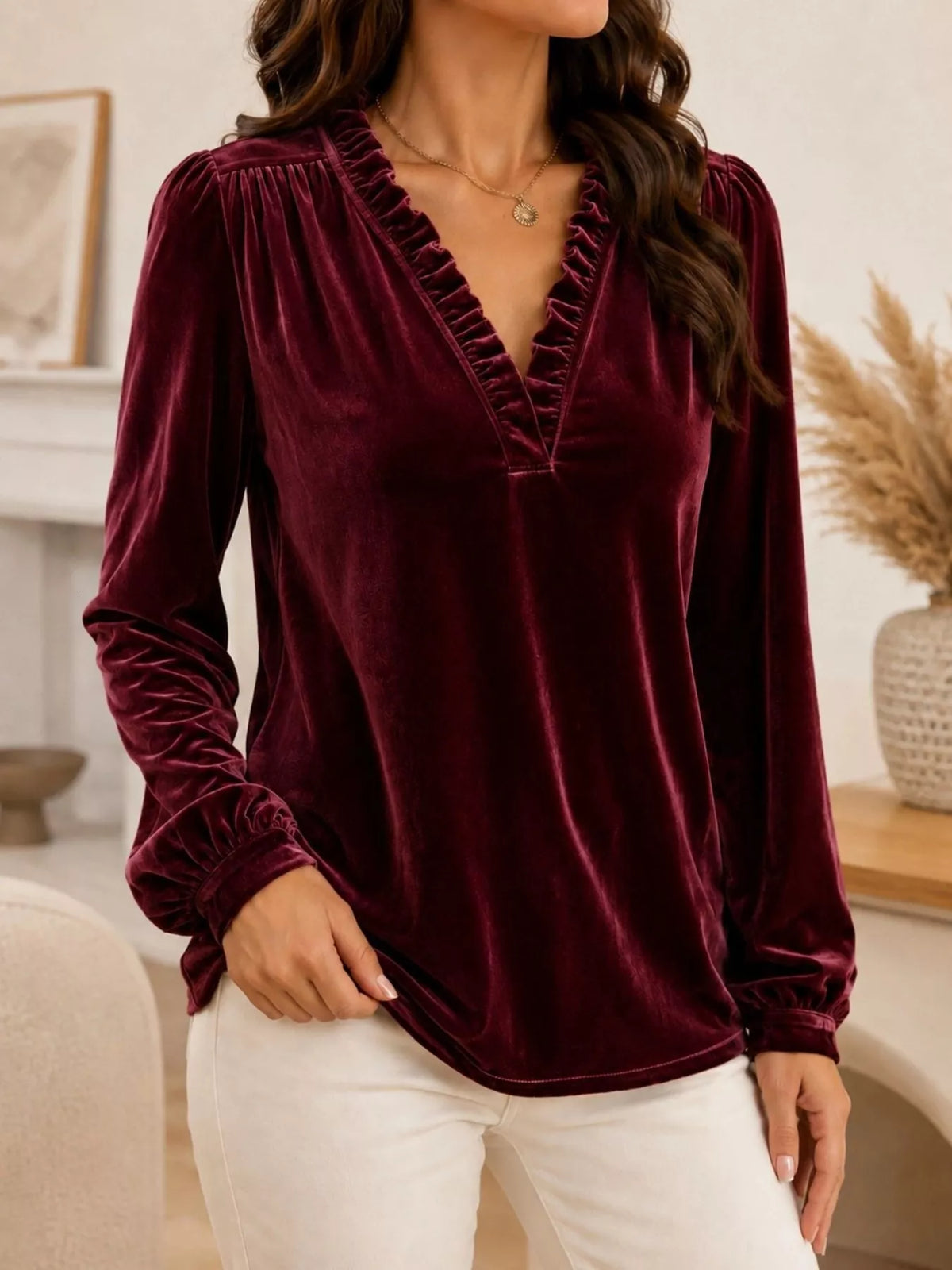 V-Neck Ruffle Trim Velvet Blouse - Trendsi - Flyclothing LLC