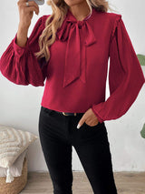 Perfee Frill Tie Neck Long Sleeve Blouse - Trendsi - Flyclothing LLC