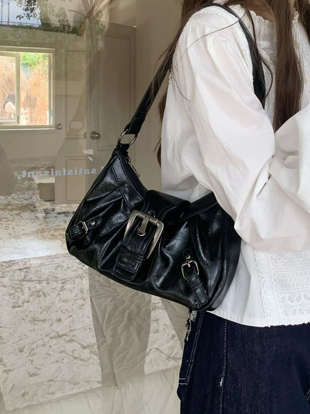 Buckle Decor Ruched Shoulder Bag - Trendsi - Flyclothing LLC