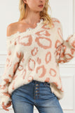 Distressed Trim Leopard V-Neck Sweater - Trendsi