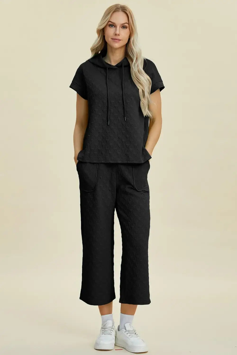 Double Take Full Size Texture Drawstring Short Sleeve Hoodie and Pocketed Pants Set - Trendsi - Flyclothing LLC