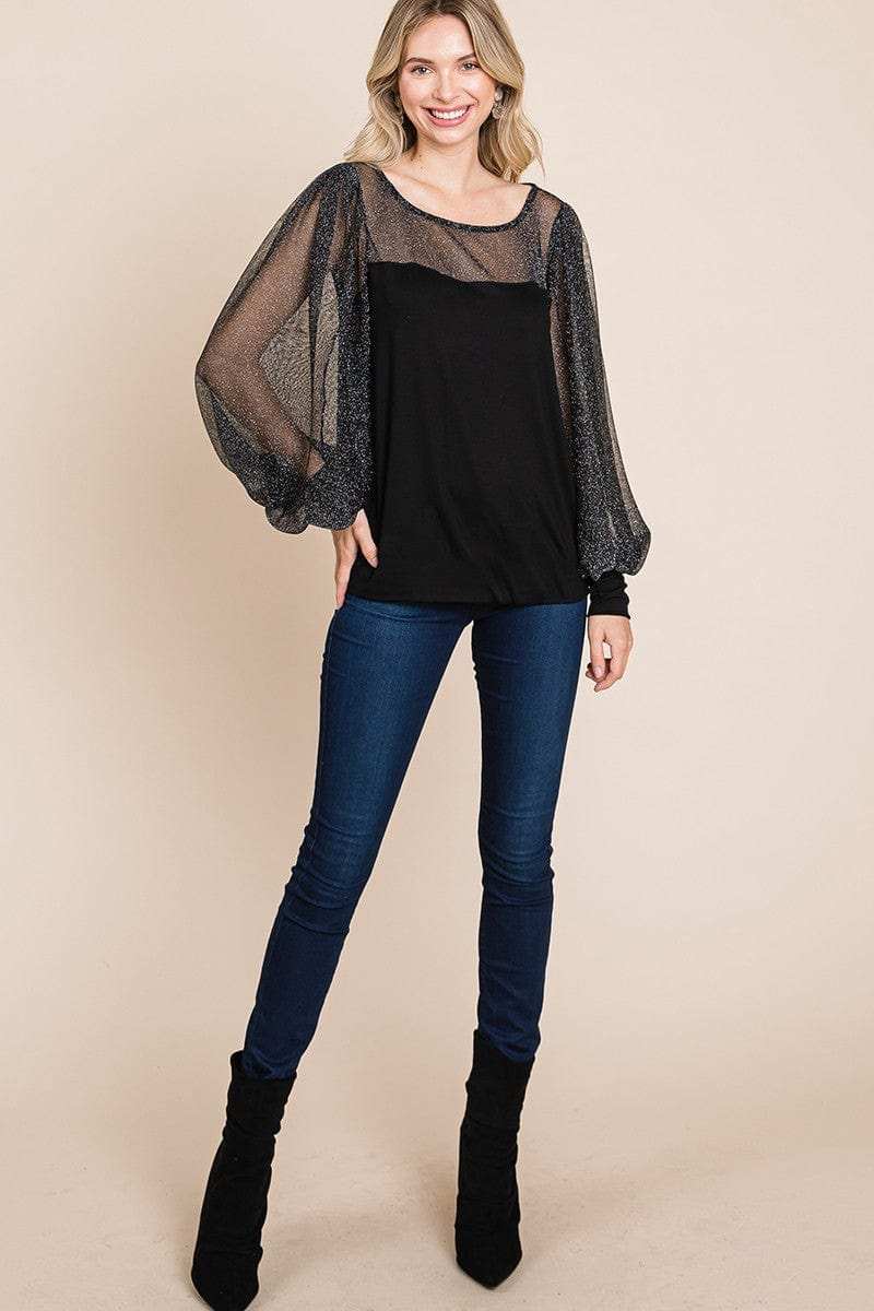 Super Lady Full Size Metallic Mesh Lantern Sleeve Blouse - Trendsi - Flyclothing LLC