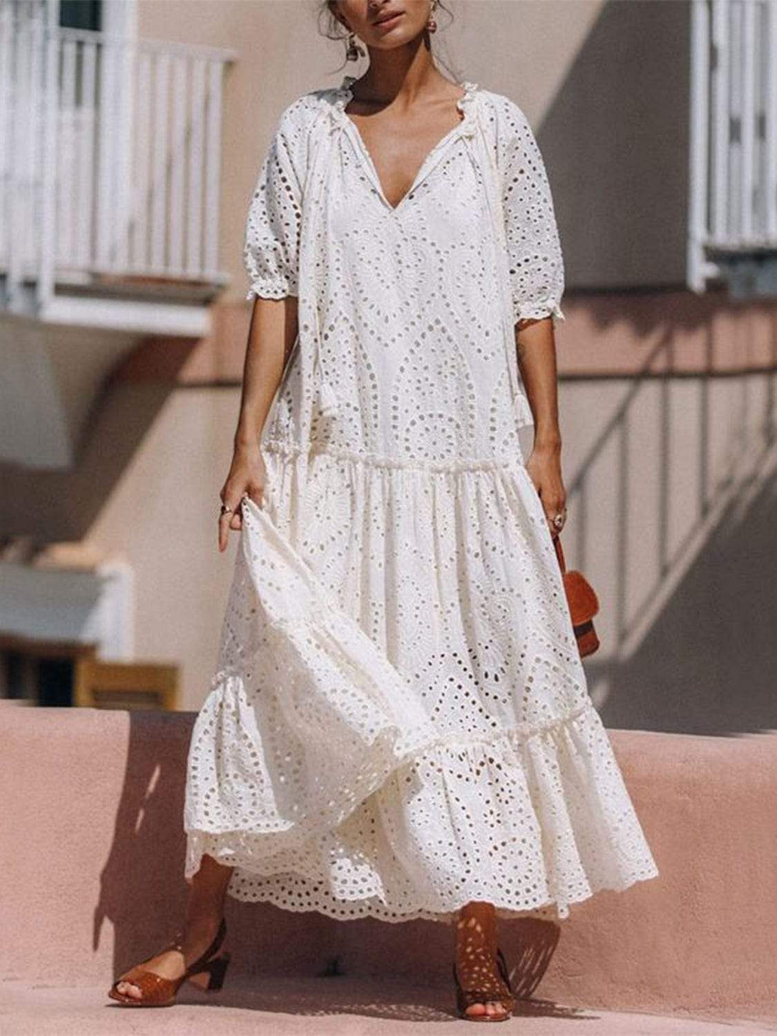 Tie Neck Half Sleeve Tiered Dress - Trendsi - Flyclothing LLC