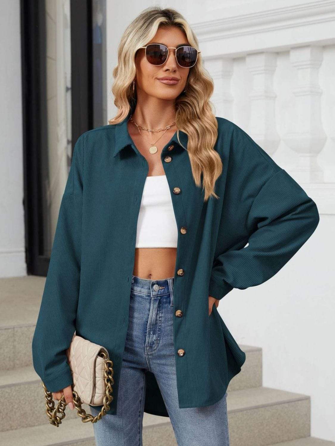 Collared Neck Long Sleeve Dropped Shoulder Shirt - Trendsi - Flyclothing LLC