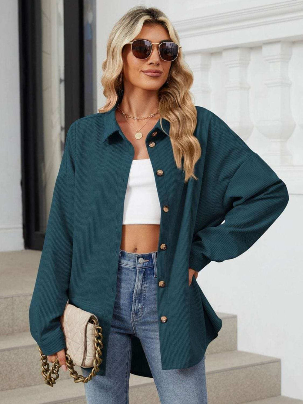 Collared Neck Long Sleeve Dropped Shoulder Shirt - Trendsi - Flyclothing LLC