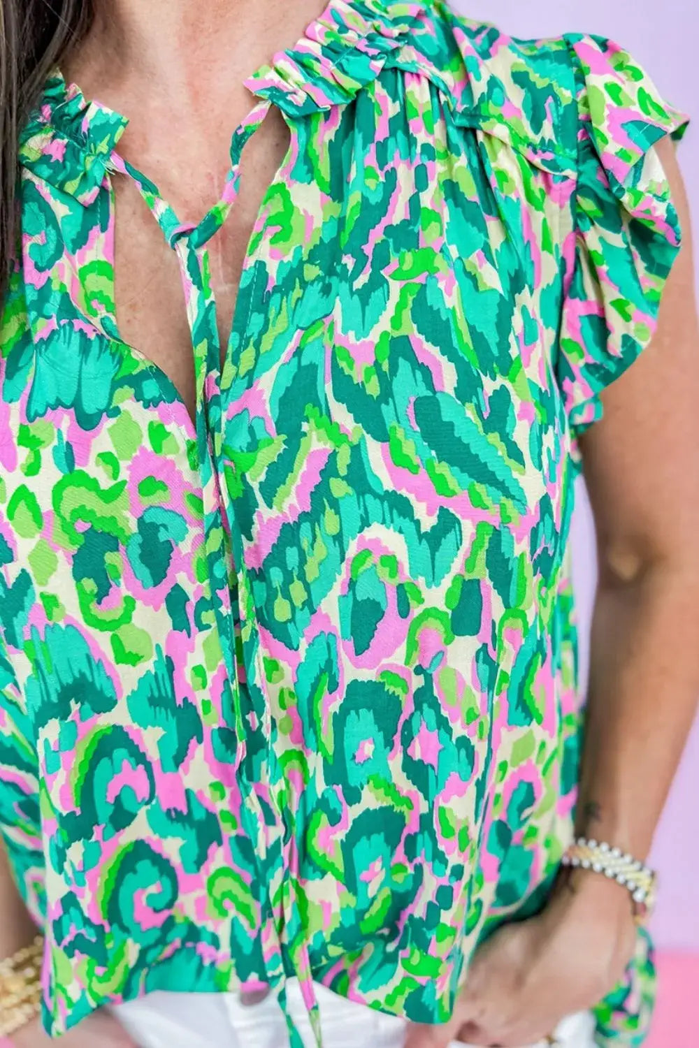 Abstract Print Ruffled Trim Tie Neck Top - Trendsi - Flyclothing LLC