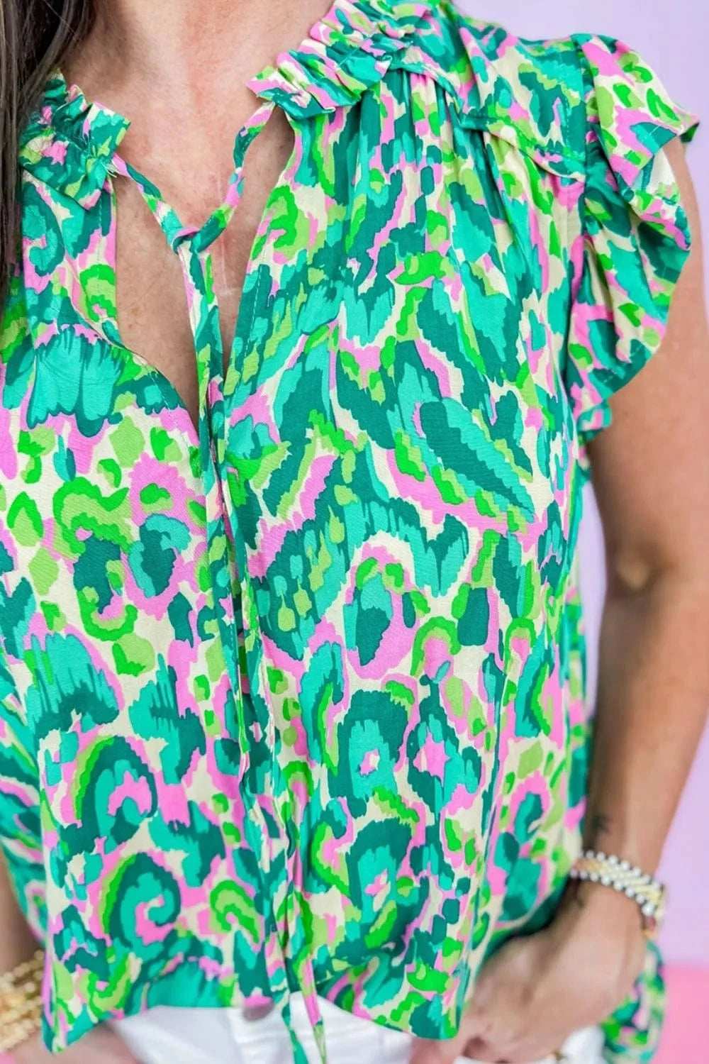 Abstract Print Ruffled Trim Tie Neck Top - Trendsi - Flyclothing LLC