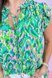 Abstract Print Ruffled Trim Tie Neck Top - Trendsi - Flyclothing LLC