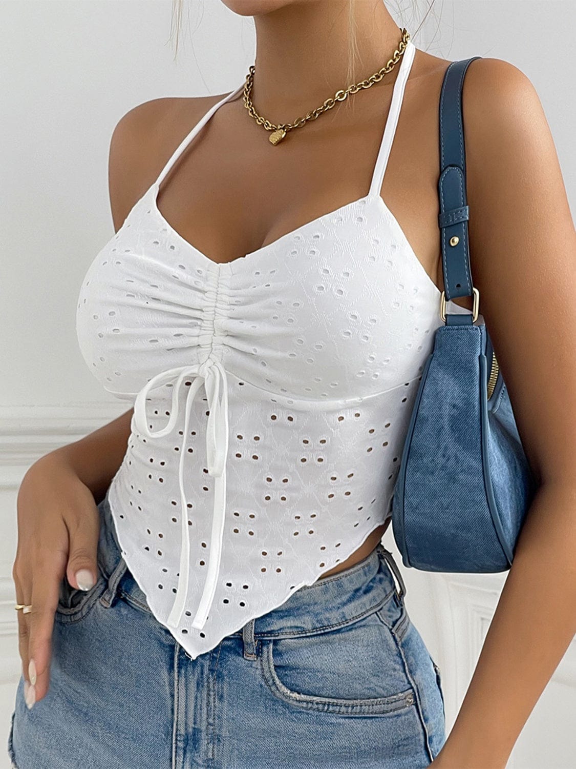 Eyelet Halter Neck Cami - Trendsi