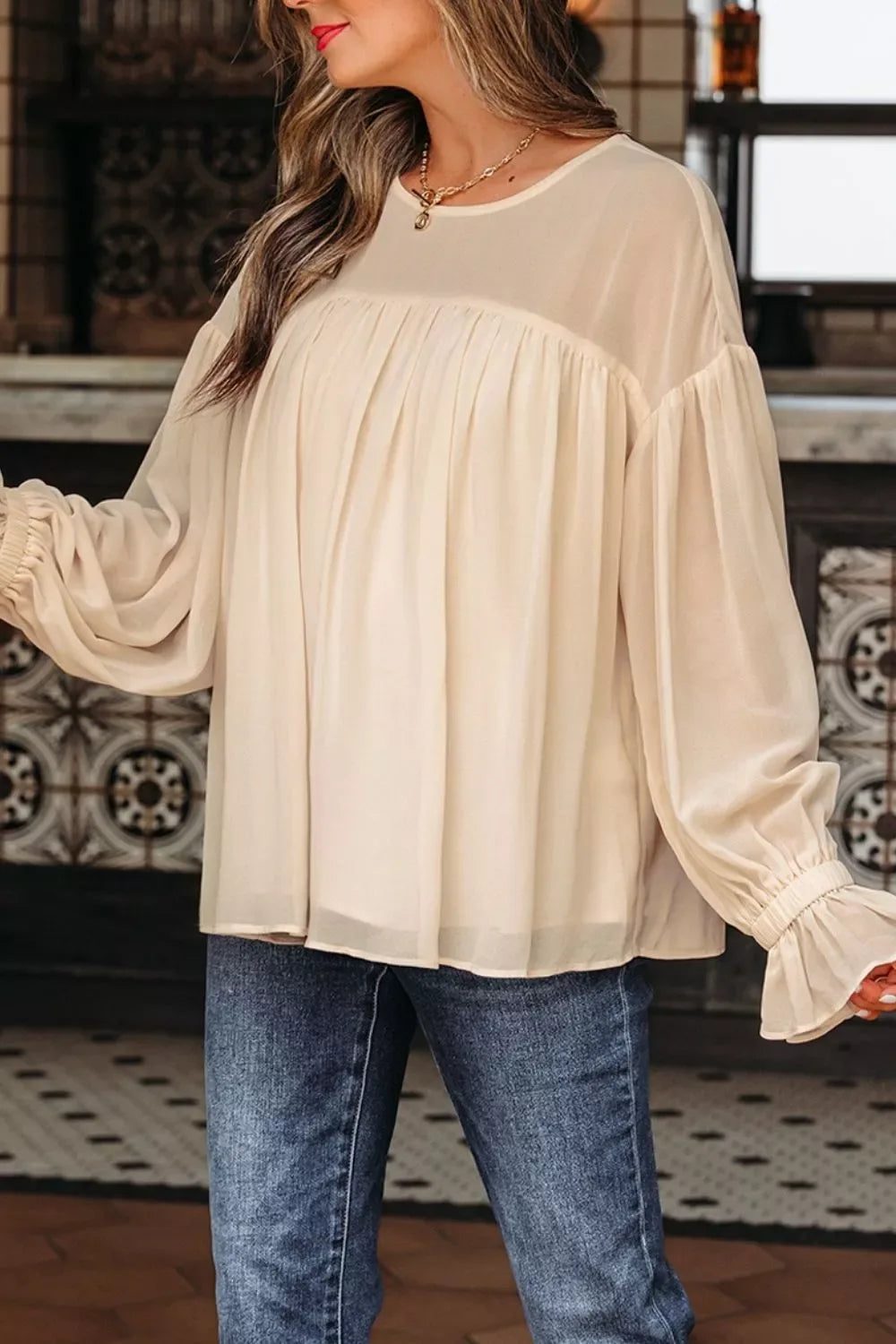 Round Neck Ruffle Sleeve Blouse - Trendsi - Flyclothing LLC